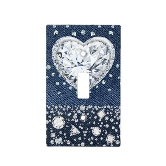 Blue Jean Denim & Diamonds Bling Diamond Heart Light Switch Cover (Front)