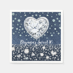 Blue Jean Denim & Diamonds Bling Diamond Heart Napkins