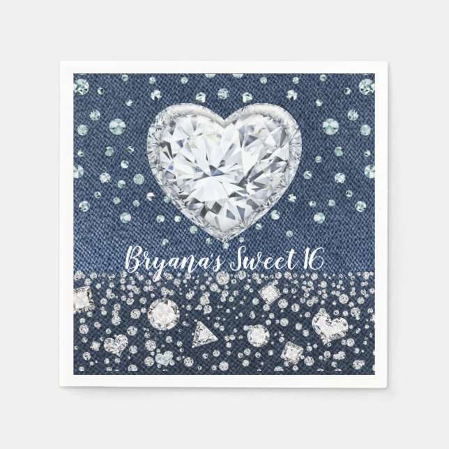 Blue Jean Denim & Diamonds Bling Diamond Heart Napkins (Front)