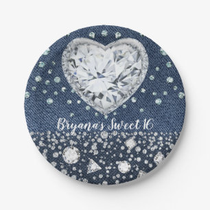 Blue Jean Denim & Diamonds Bling Diamond Heart Paper Plates