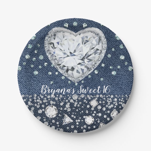 Blue Jean Denim & Diamonds Bling Diamond Heart Paper Plates (Front)