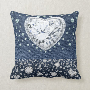 Blue Jean Denim & Diamonds Bling Diamond Heart Throw Pillow