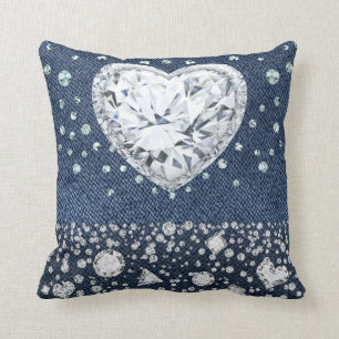 Blue Jean Denim & Diamonds Bling Diamond Heart Throw Pillow