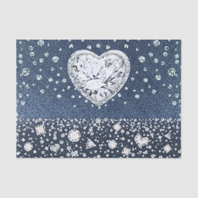 Blue Jean Denim & Diamonds Bling Diamond Heart Tissue Paper (Front)