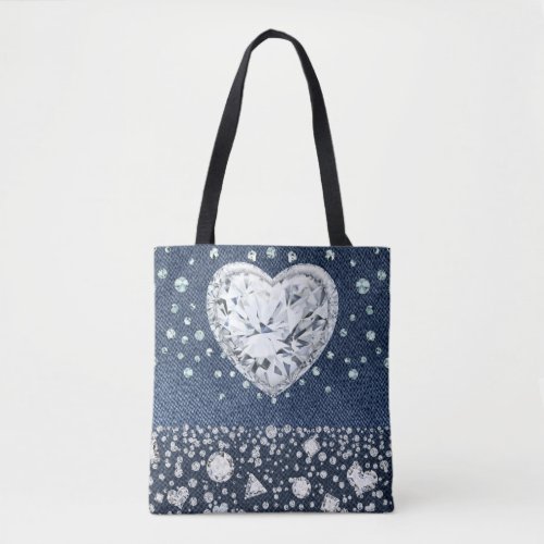 Blue Jean Denim  Diamonds Bling Diamond Heart Tote Bag