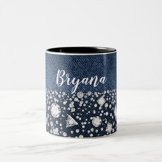 Blue Jean Denim & Diamonds Bling Diamond Heart Two-Tone Coffee Mug (Center)
