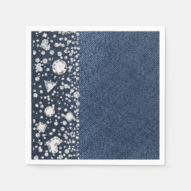 Blue Jean Denim & Diamonds Bling Diamond Party Napkins (Front)