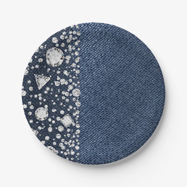 Blue Jean Denim & Diamonds Bling Diamond Party Paper Plates (Front)