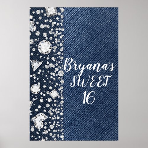 Blue Jean Denim  Diamonds Bling Diamond Party Poster