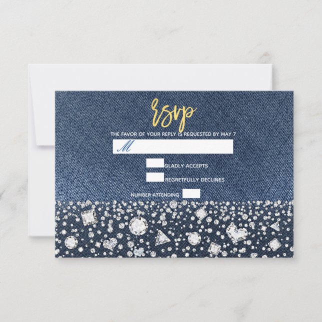 Blue Jean Denim & Diamonds Bling Diamond RSVP Card (Front)