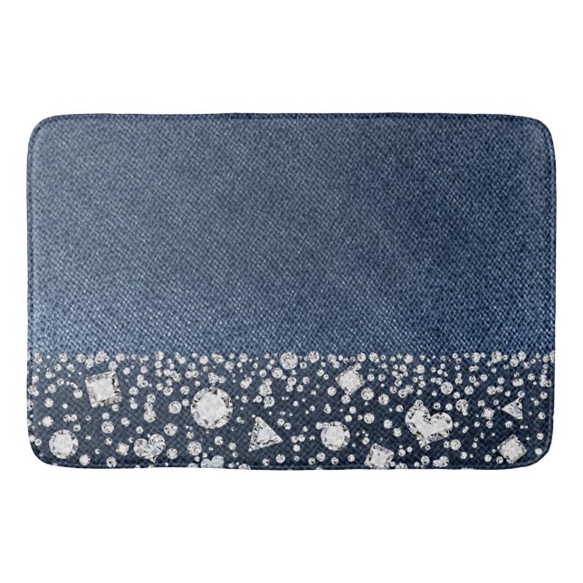Blue Jean Denim Diamonds Glam Trendy Diamond Bling Bath Mat (Front)