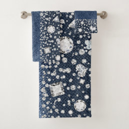 Blue Jean Denim Diamonds Glam Trendy Diamond Bling Bath Towel Set