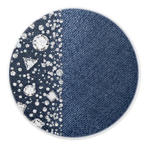 Blue Jean Denim Diamonds Glam Trendy Diamond Bling Ceramic Knob