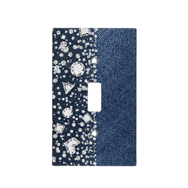 Blue Jean Denim Diamonds Glam Trendy Diamond Bling Light Switch Cover (Front)