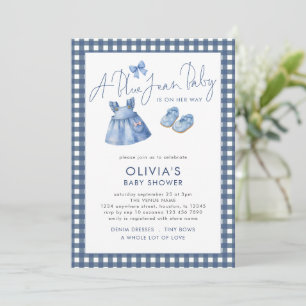 Blue Jean Denim Girl Gingham Baby Shower  Invitation