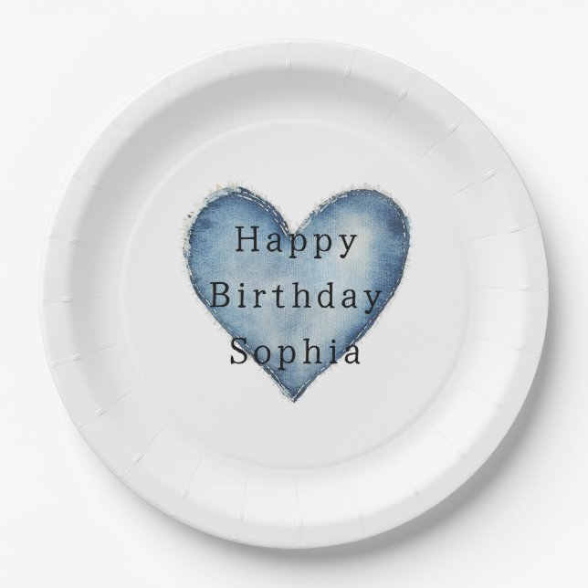 Blue Jean Denim Heart Birthday Paper Plates (Front)