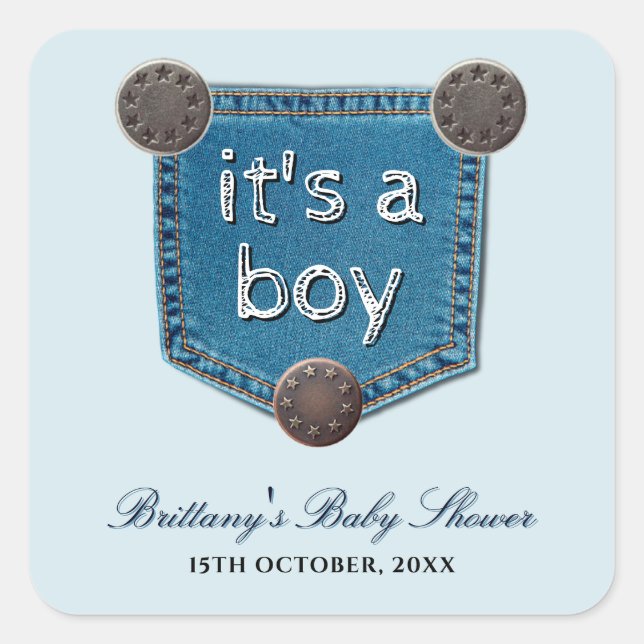 Blue Jean Denim It's a Boy Baby Shower   Square Sticker (Front)