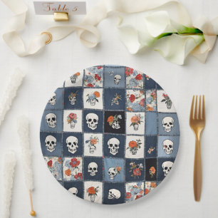 Blue Jean Denim Patchwork Skulls And Florals Paper Plates