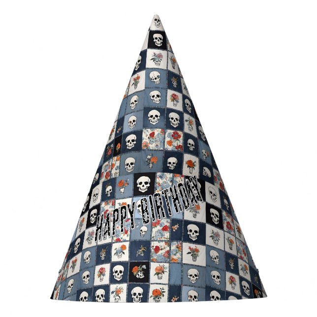 Blue Jean Denim Patchwork Skulls And Florals Party Hat (Front)