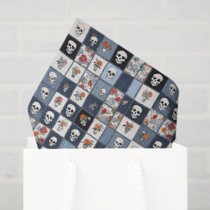 Blue Jean Denim Patchwork Skulls And Florals Tissue Paper
