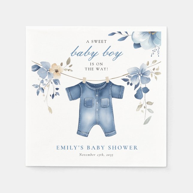 Blue Jean Denim Sweet Boy Baby Shower Napkins (Front)