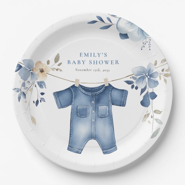 Blue Jean Denim Sweet Boy Baby Shower Paper Plates (Front)
