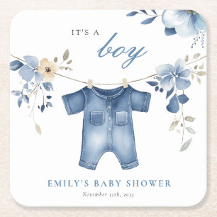 Blue Jean Denim Sweet Boy Baby Shower Square Paper Coaster