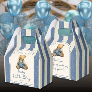 Blue Jean Denim Teddy Bear 1st Birthday Favor Boxes