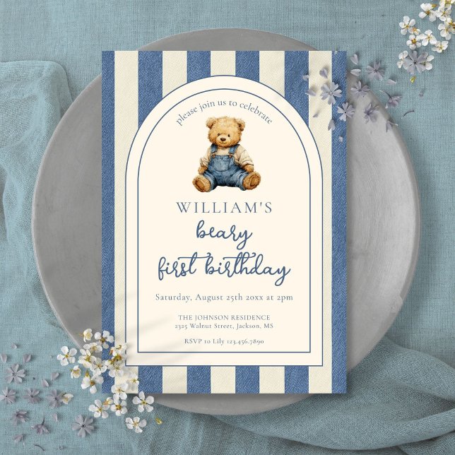 Blue Jean Denim Teddy Bear 1st Birthday Invitation (Blue Jean Denim Teddy Bear 1st Birthday Invitation
)