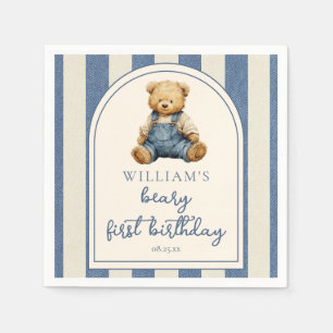 Blue Jean Denim Teddy Bear 1st Birthday Napkins