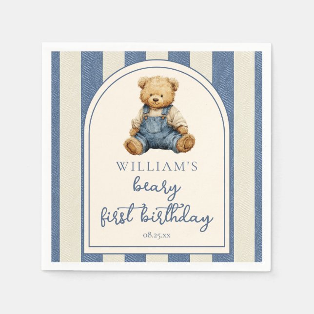 Blue Jean Denim Teddy Bear 1st Birthday Napkins (Front)