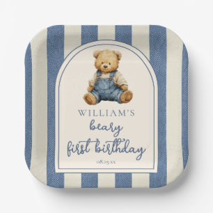 Blue Jean Denim Teddy Bear 1st Birthday Paper Plates