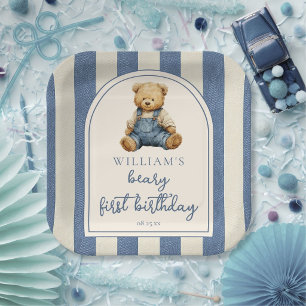 Blue Jean Denim Teddy Bear 1st Birthday Paper Plates