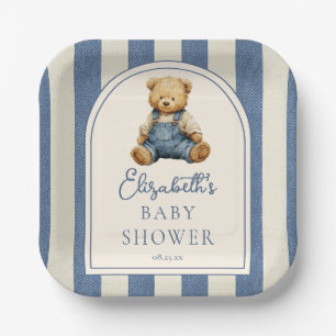Blue Jean Denim Teddy Bear Baby Shower Paper Plates