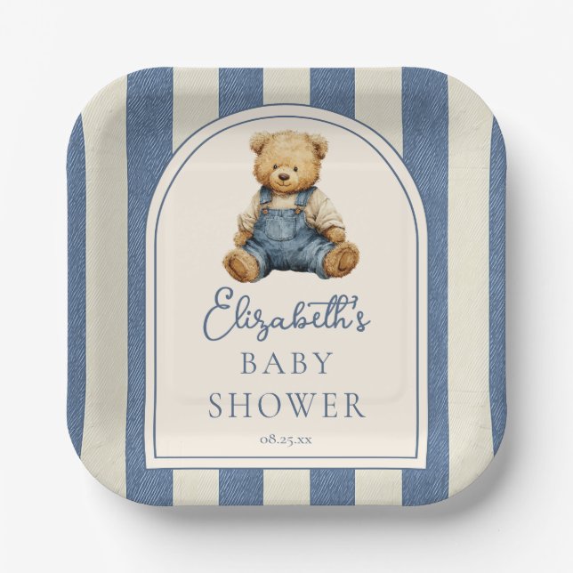 Blue Jean Denim Teddy Bear Baby Shower Paper Plates (Front)