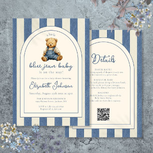Blue Jean Denim Teddy Bear QR Code Baby Shower Invitation