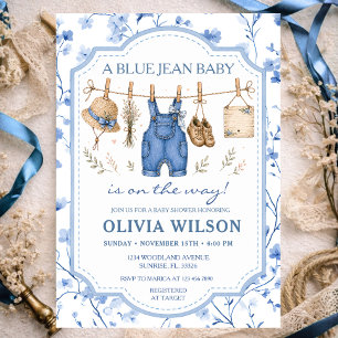 Blue Jean Floral Clothesline Girl Baby Shower  Invitation