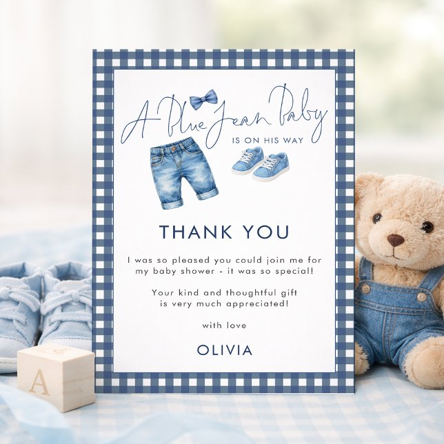 Blue Jean Gingham Thank You Boy Baby Shower  Card (Creator Uploaded)