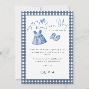 Blue Jean Gingham Thank You Girl Baby Shower  Card