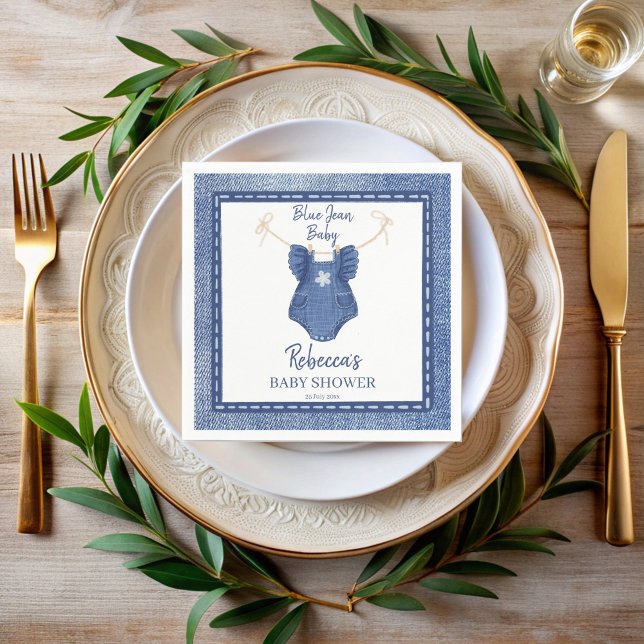 Blue jean girls clothes on a line baby shower napkins (Blue jean girls clothes on a line  denim preppy baby shower monogrammed napkins personalized decor)