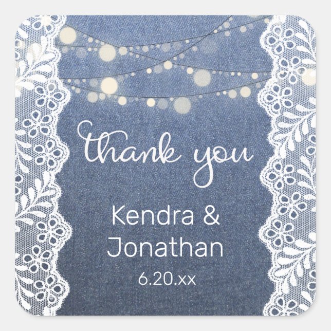 Blue Jean Lace & String Lights Thank You Square Sticker (Front)
