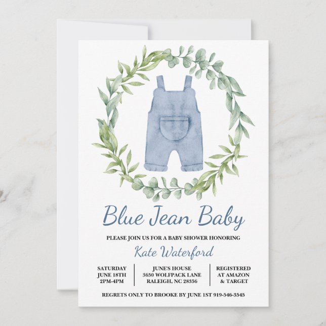 Blue Jean Overall Denim Baby Shower Invitation (Front)