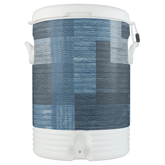 Blue Jean patch Work Faux Burlap Beverage Cooler (Front)