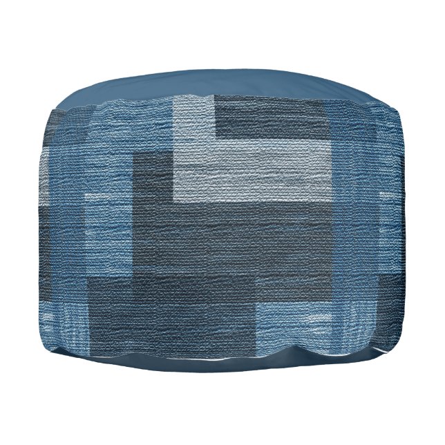 Blue Jean patch Work Faux Burlap Pouf (Right)