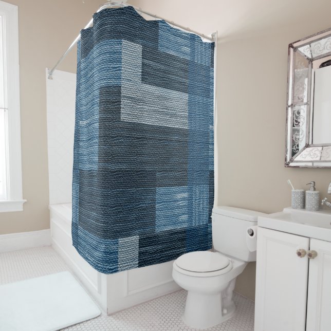 Blue Jean patch Work Faux Burlap Shower Curtain (In Situ)