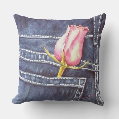 BLUE JEAN POCKET with PINK ROSE BUD FLOWER PATIO Outdoor Pillow