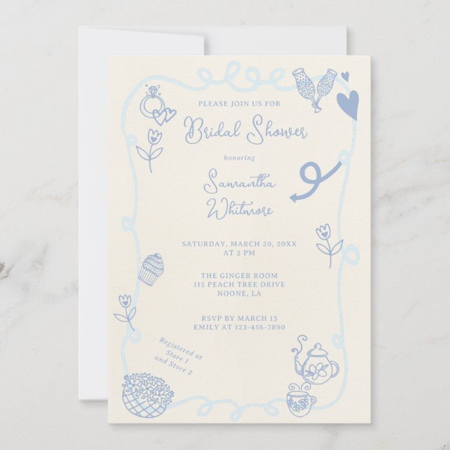 Blue Jean Scene Doodle Bridal Shower Invitation (Front)