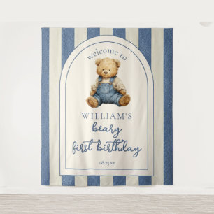 Blue Jean Teddy Bear 1st Birthday Photo Backdrop
