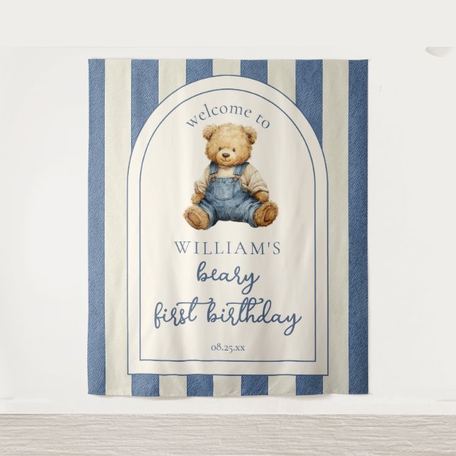 Blue Jean Teddy Bear 1st Birthday Photo Backdrop (Front)