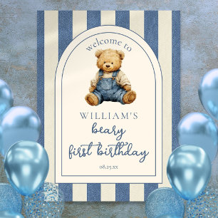 Blue Jean Teddy Bear 1st Birthday Welcome Sign
